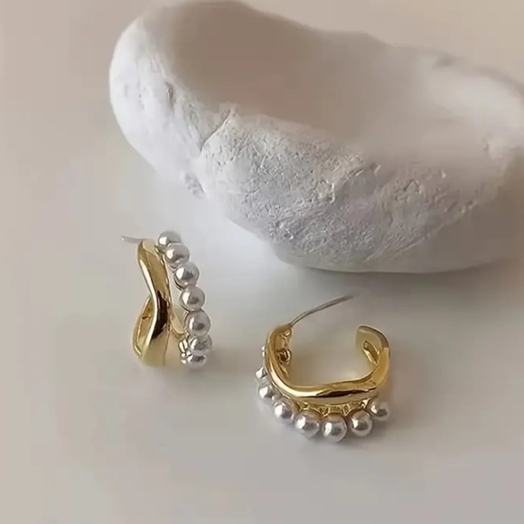 Gold and Mini Pearl Double Layer Hoop Earrings - Picture 5 of 5